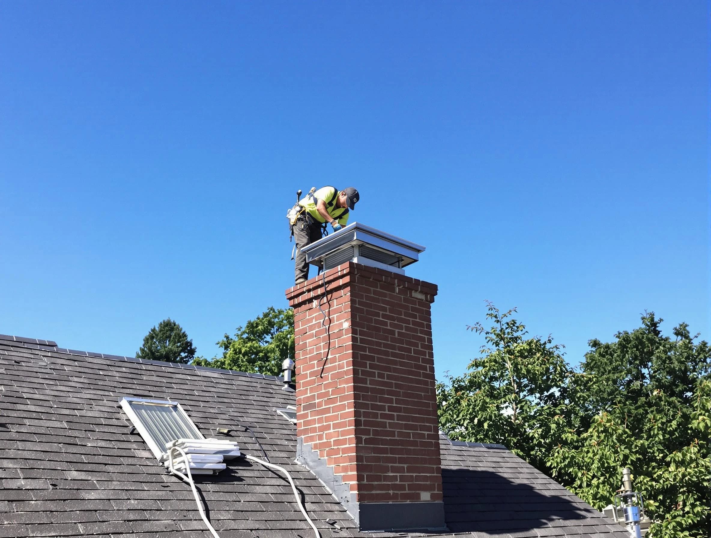 Harrah Chimney Sweep technician measuring a chimney cap in Harrah, OK