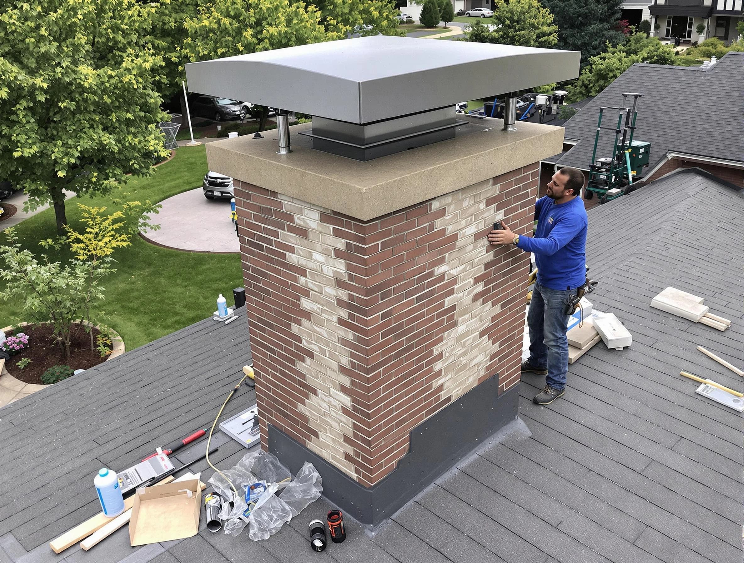 Harrah Chimney Sweep team working on a custom chimney remodel in Harrah, OK