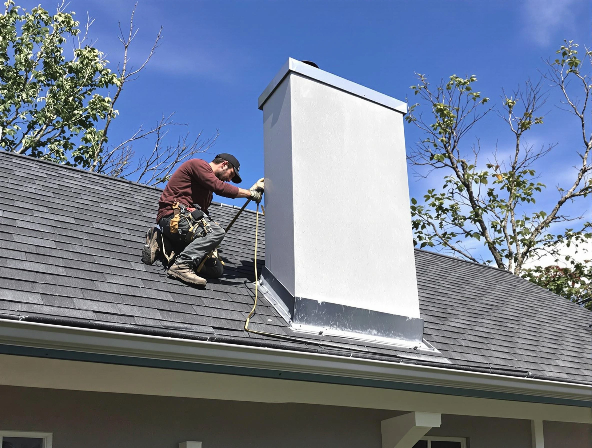 Harrah Chimney Sweep team member finishing chimney construction in Harrah, OK